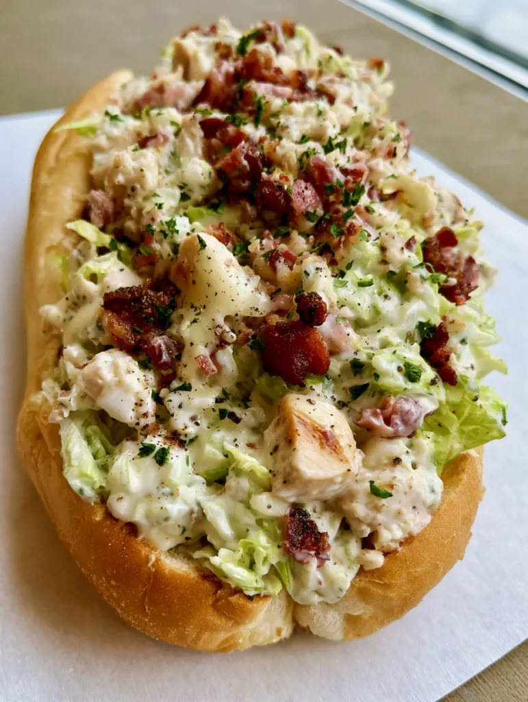 Close up of the finely chopped chicken, bacon, and provolone mixture with visible parsley and black pepper.