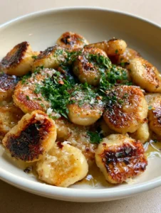 Overhead view of pan-fried potato gnocchi with garlic butter glaze and parmesan cheese.