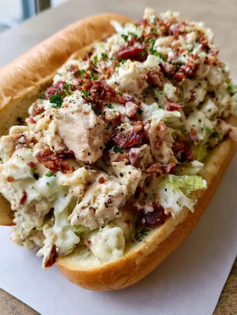 Side view of the toasted hoagie roll overflowing with creamy chicken bacon ranch mixture.