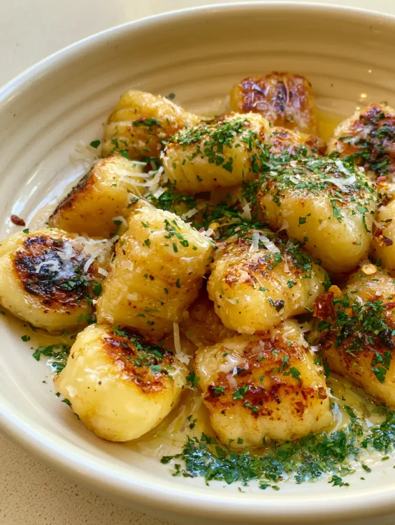 Handheld photo of Garlic Butter Fried Gnocchi showing the glossy texture and herb garnish.