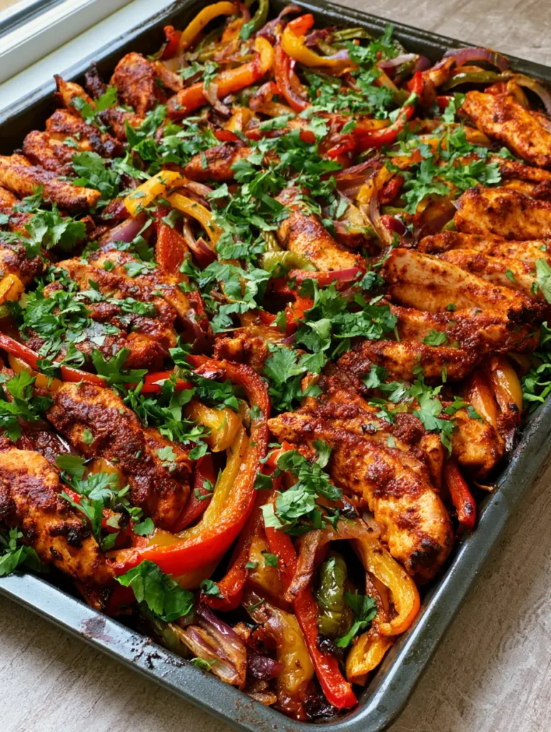 Overview of a dark baking sheet with caramelized red onions and vibrant green cilantro garnishing Sheet Pan Chicken Fajitas.