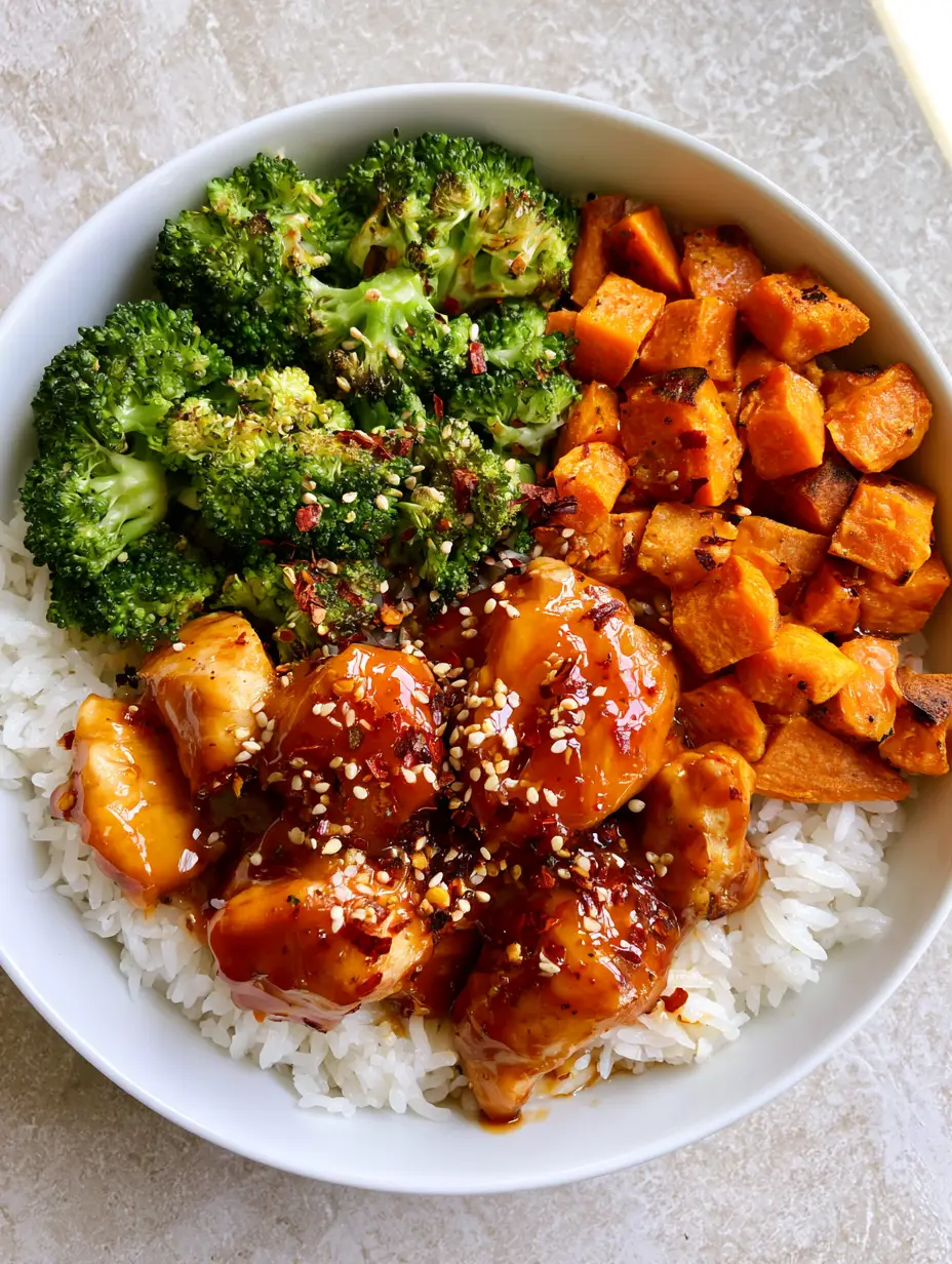 Hot Honey Chicken Bowls with Roasted Sweet Potatoes and Vibrant Broccoli 3 Overhead shot of Hot Honey Chicken Bowls with glossy chicken and vibrant steamed broccoli.