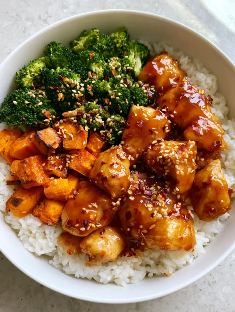 Hot Honey Chicken Bowls with Roasted Sweet Potatoes and Vibrant Broccoli 1 Close up of pan-seared chicken coated in thick amber hot honey glaze in a bowl.