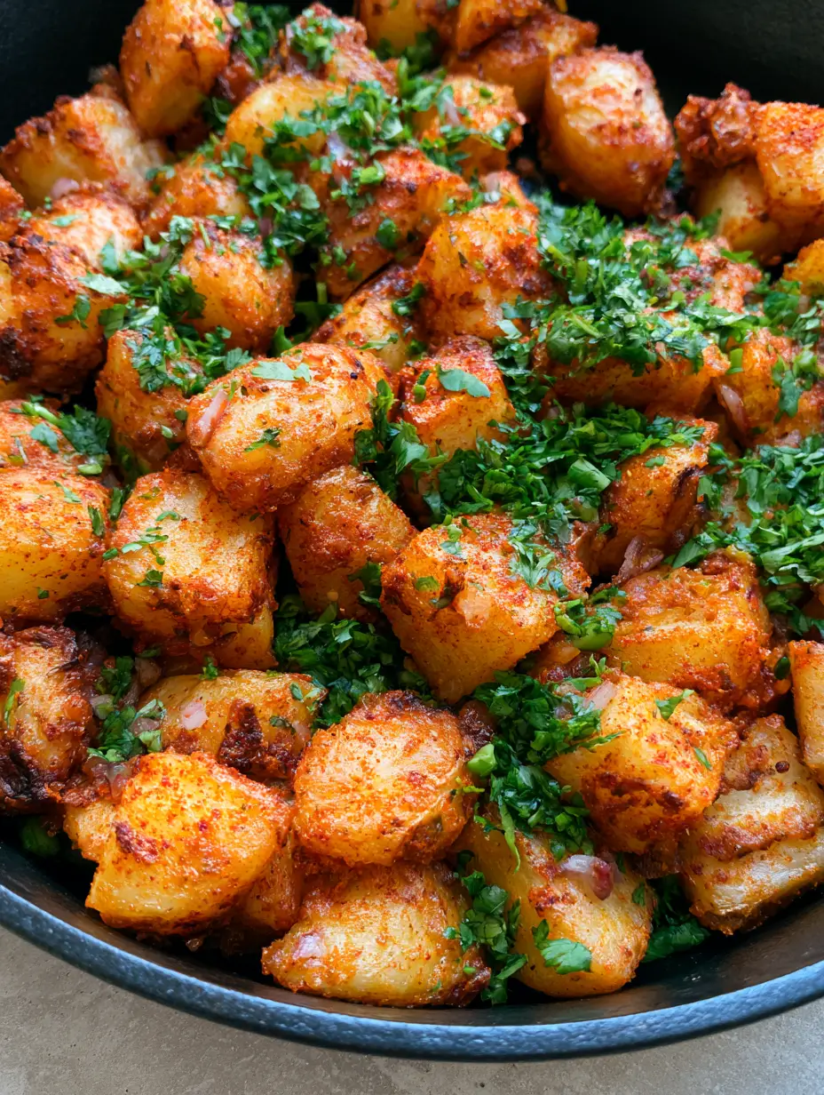 Mexican Potatoes showing deep golden brown cubes with visible reddish-orange spice dusting and fresh cilantro. (Mexican Potatoes)