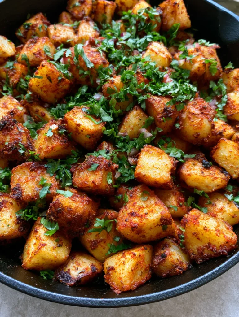 Crispy cubed Mexican Potatoes in a black skillet with charred edges and tiny bits of minced red onion.