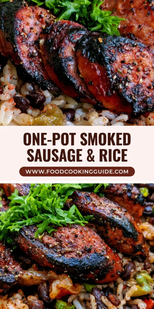 Black Beans and Rice with Sausage: A Smoky One-Pot Masterpiece 4 A rustic bowl of Black Beans and Rice with Sausage showing seared diagonal slices of smoked sausage, fluffy white rice, and bright green parsley garnish.