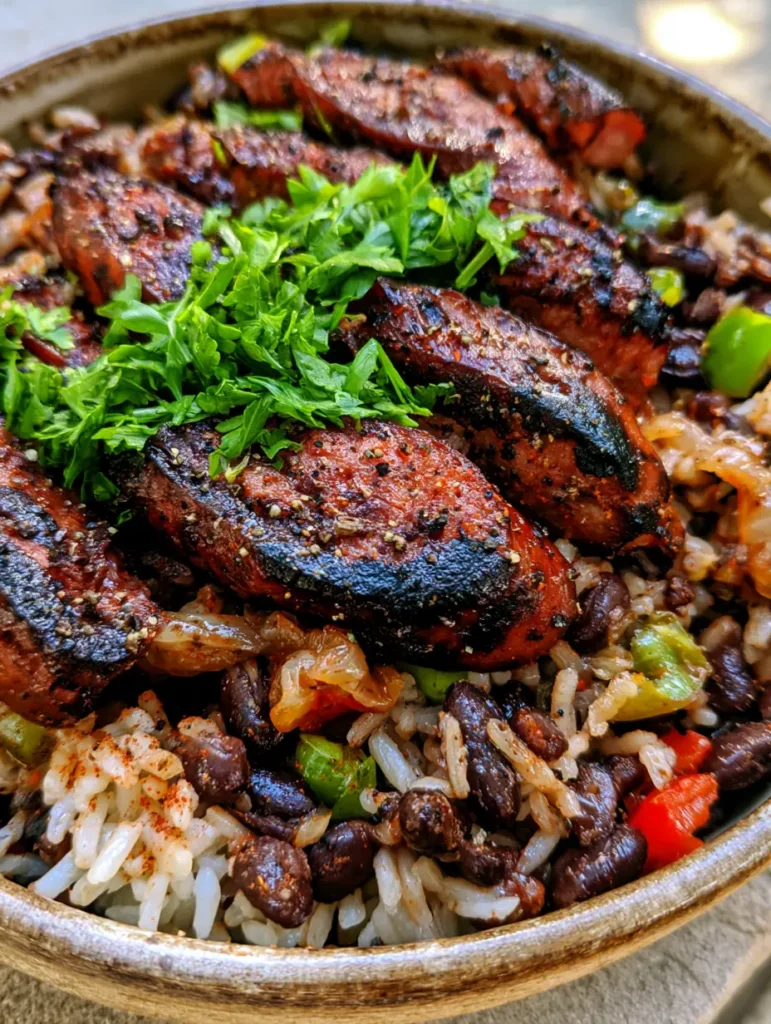Black Beans and Rice with Sausage: A Smoky One-Pot Masterpiece 2 Close-up overhead view of Black Beans and Rice with Sausage in a ceramic bowl with visible black pepper and red spices.