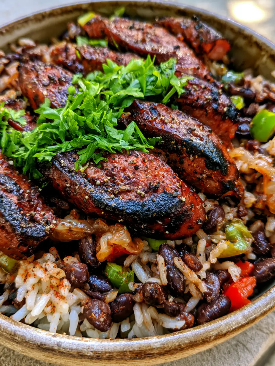 Black Beans and Rice with Sausage: A Smoky One-Pot Masterpiece 3 Close-up overhead view of Black Beans and Rice with Sausage in a ceramic bowl with visible black pepper and red spices.