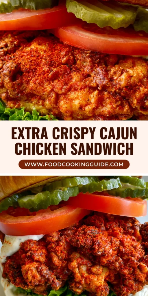 Cajun Crispy Chicken Sandwich with Creamy Garlic Aioli 4 A towering Cajun Crispy Chicken Sandwich on a glossy brioche bun with dripping garlic aioli and crinkle-cut pickles.