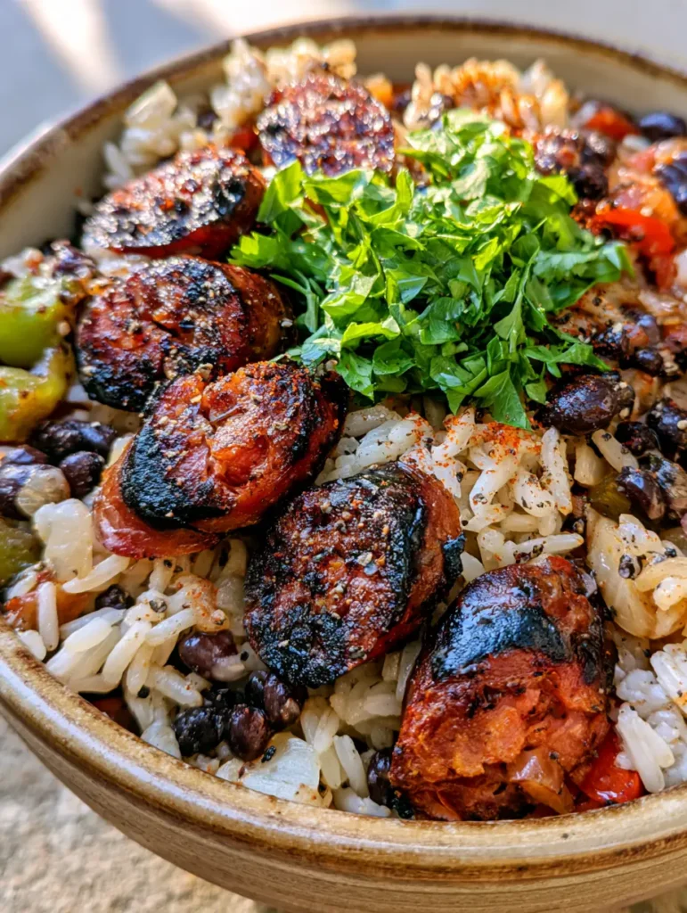 Black Beans and Rice with Sausage: A Smoky One-Pot Masterpiece 1 Detailed shot of fluffy long-grain white rice mixed with tender black beans and sautéed bell peppers. (Black Beans and Rice with Sausage)