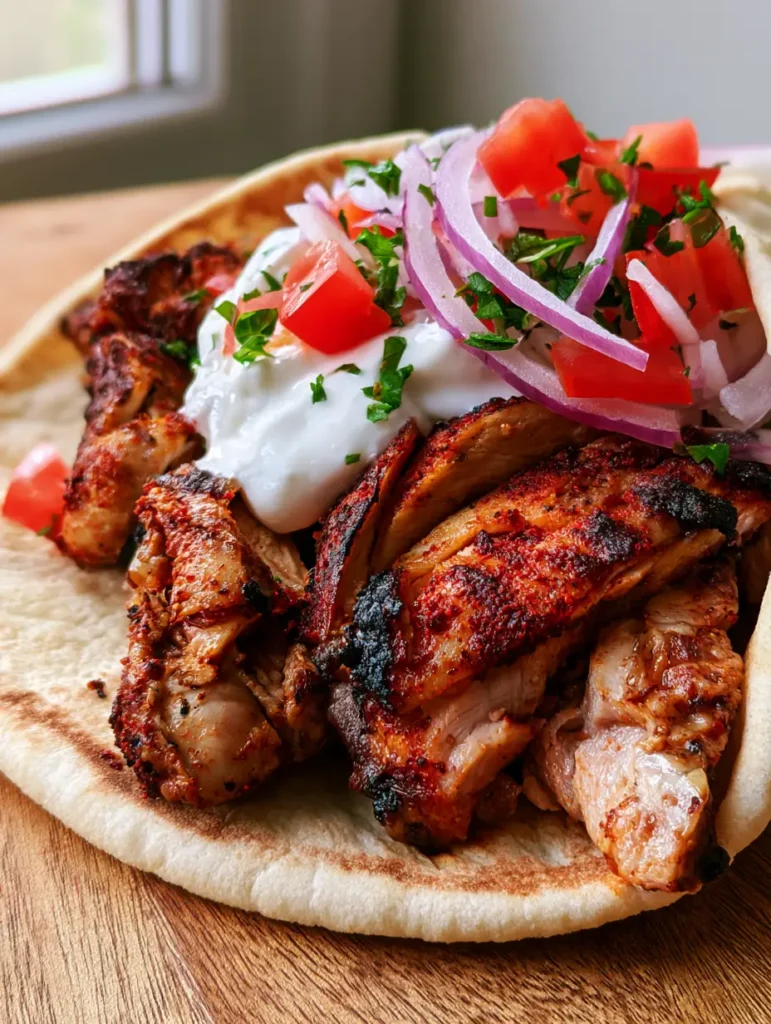 Chicken Shawarma Recipe: How to Make Juicy, Charred Street Food at Home 2 Close-up of thinly sliced chicken thighs with a dark red-brown spice rub and charred edges. (Chicken Shawarma Recipe)