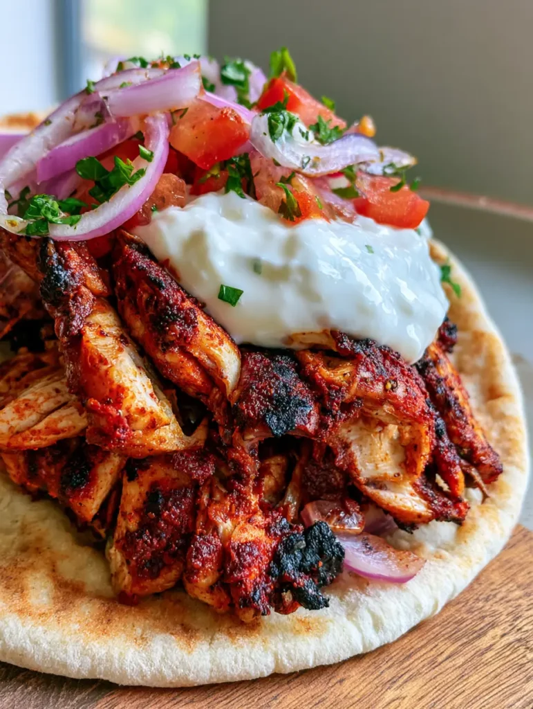 Chicken Shawarma Recipe: How to Make Juicy, Charred Street Food at Home 1 Assembled chicken shawarma wrap with white garlic sauce, diced red tomatoes, and fresh parsley on a wooden surface.