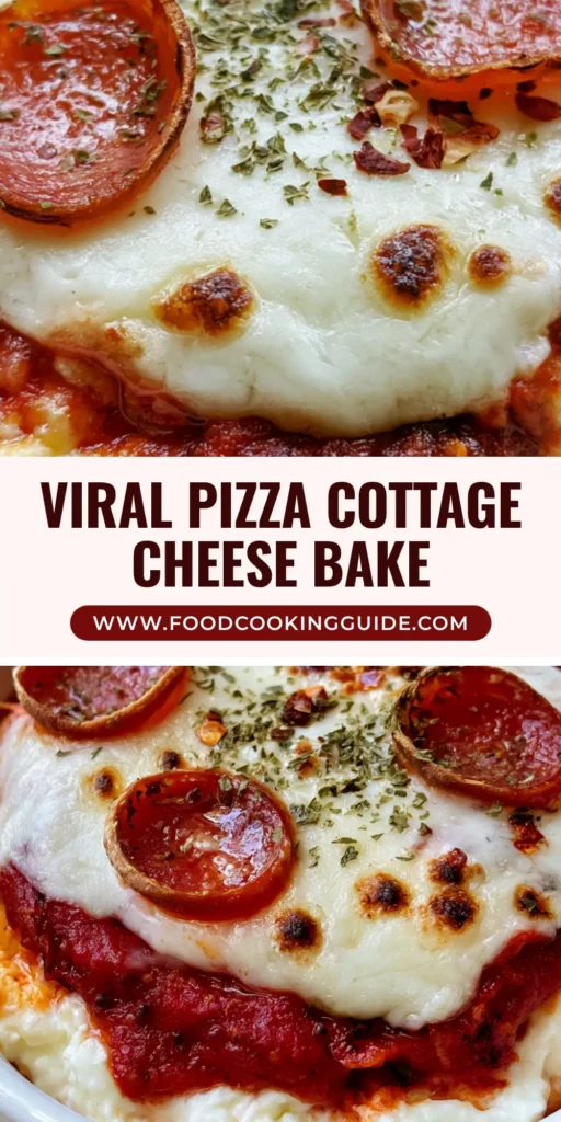 A close-up of a Pizza Cottage Cheese Bake in a white ramekin with melted charred mozzarella and three crispy curled pepperoni slices.