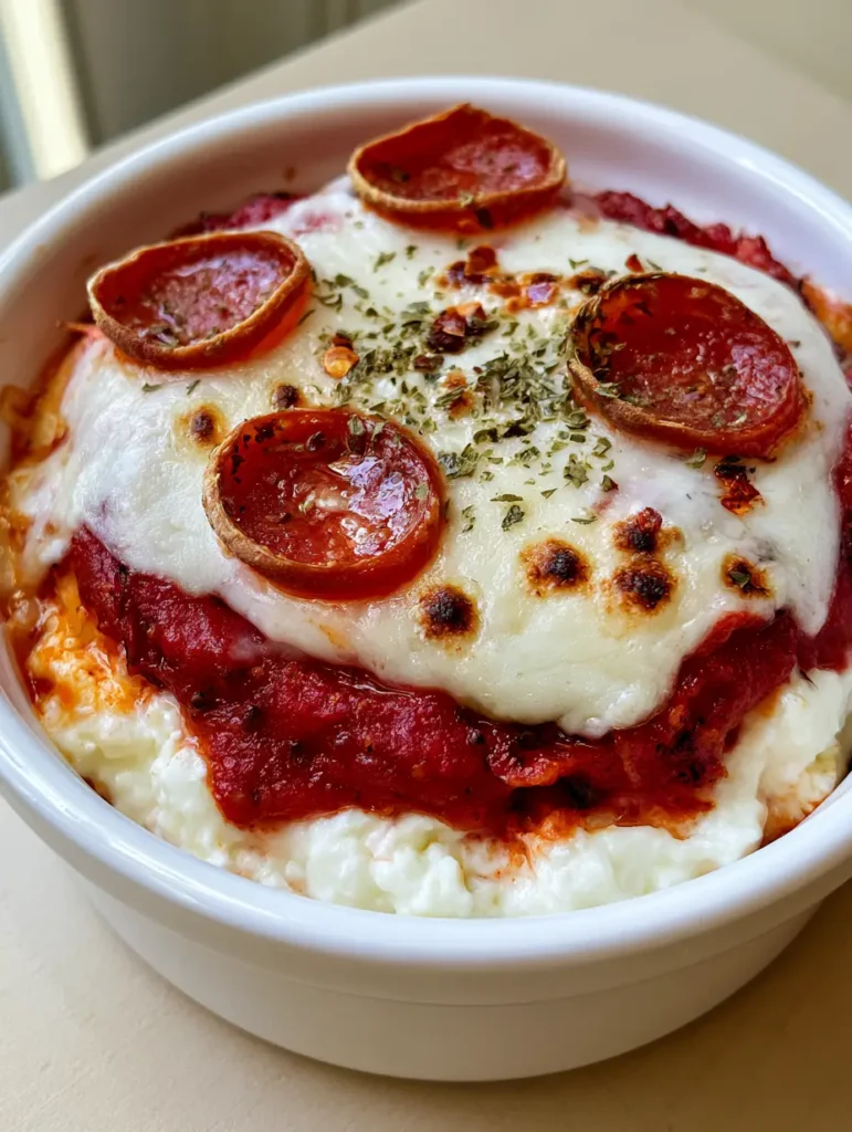 Overhead view of a layered Pizza Cottage Cheese Bake showing the curds, red sauce, and bubbling cheese.