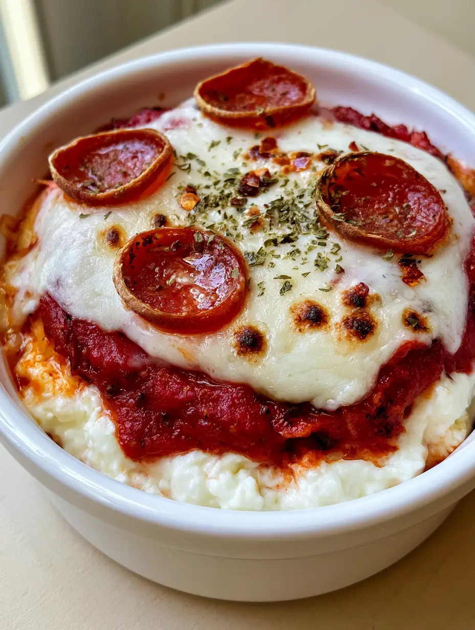 Overhead view of a layered Pizza Cottage Cheese Bake showing the curds, red sauce, and bubbling cheese.