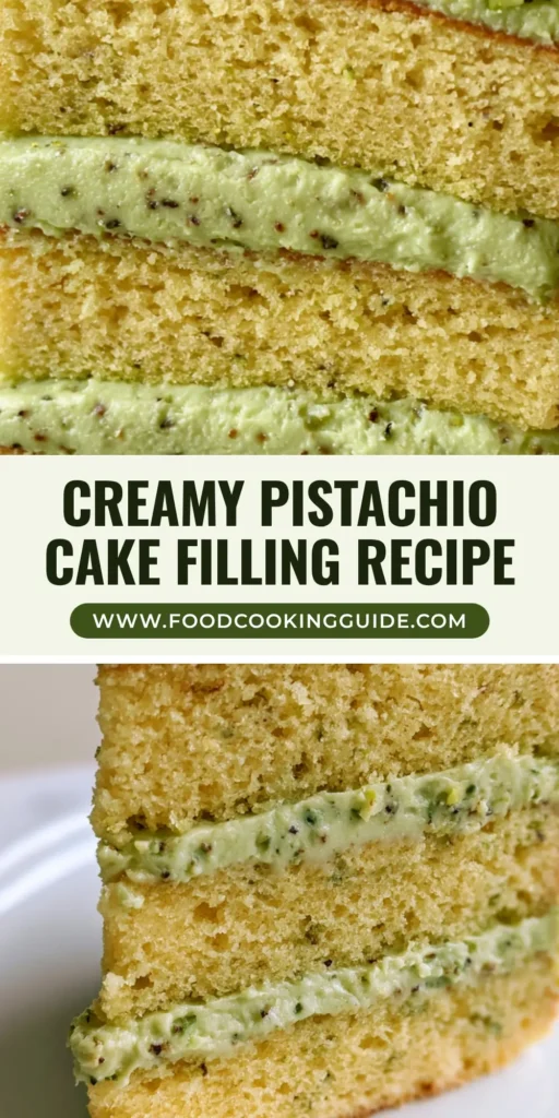 A close-up of a three-layer yellow sponge cake with thick, pale sage-green Pistachio Mascarpone Cake Filling and crushed nut garnish.