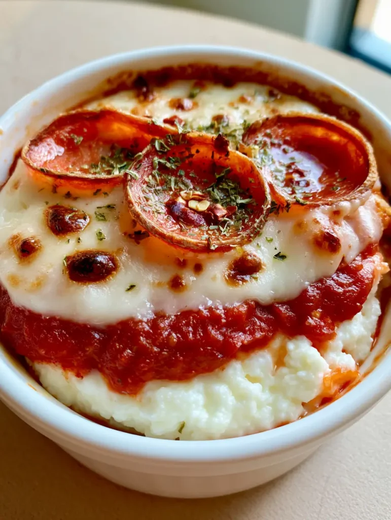 Side view of a white ramekin on a wooden table containing a Pizza Cottage Cheese Bake with charred cheese spots and green oregano garnish.