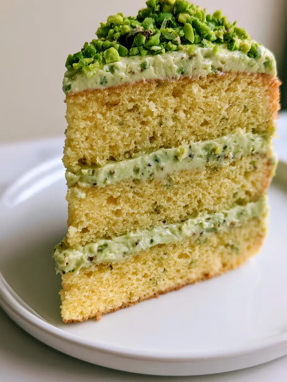 A handheld smartphone photo showing the dense, velvety texture and dark green flecks of the Pistachio Mascarpone Cake Filling in a cake slice.
