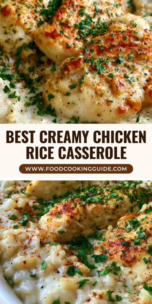 A close-up of Creamy Chicken and Rice Casserole in a white dish, featuring golden chicken breasts, parsley, and paprika dusting.