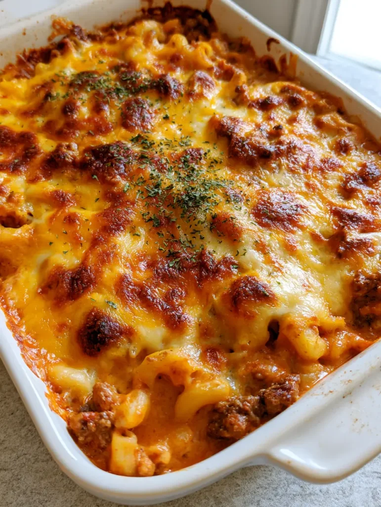 Amish Hamburger Casserole in a white dish showing creamy reddish-orange tomato sauce and browned beef crumbles.