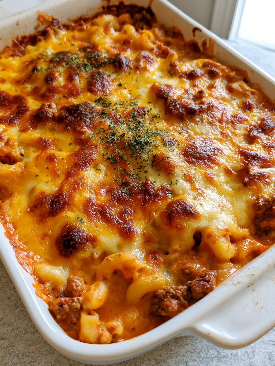 Amish Hamburger Casserole in a white dish showing creamy reddish-orange tomato sauce and browned beef crumbles.