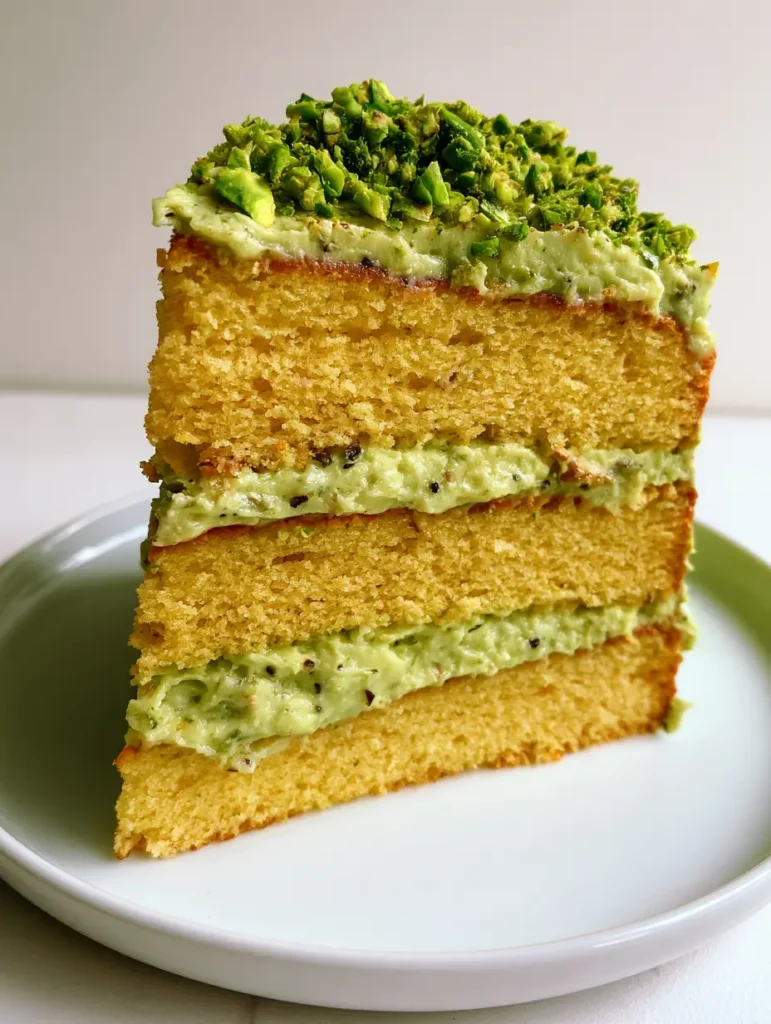 Side view of a yellow cake slice highlighting the thick, even layers of Pistachio Mascarpone Cake Filling on a white plate.