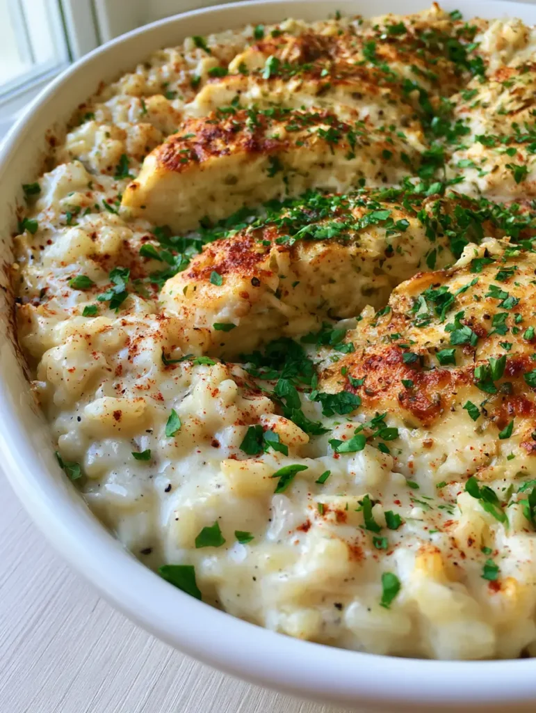 Top-down view of Creamy Chicken and Rice Casserole showing seared chicken edges and cracked black pepper in sauce.