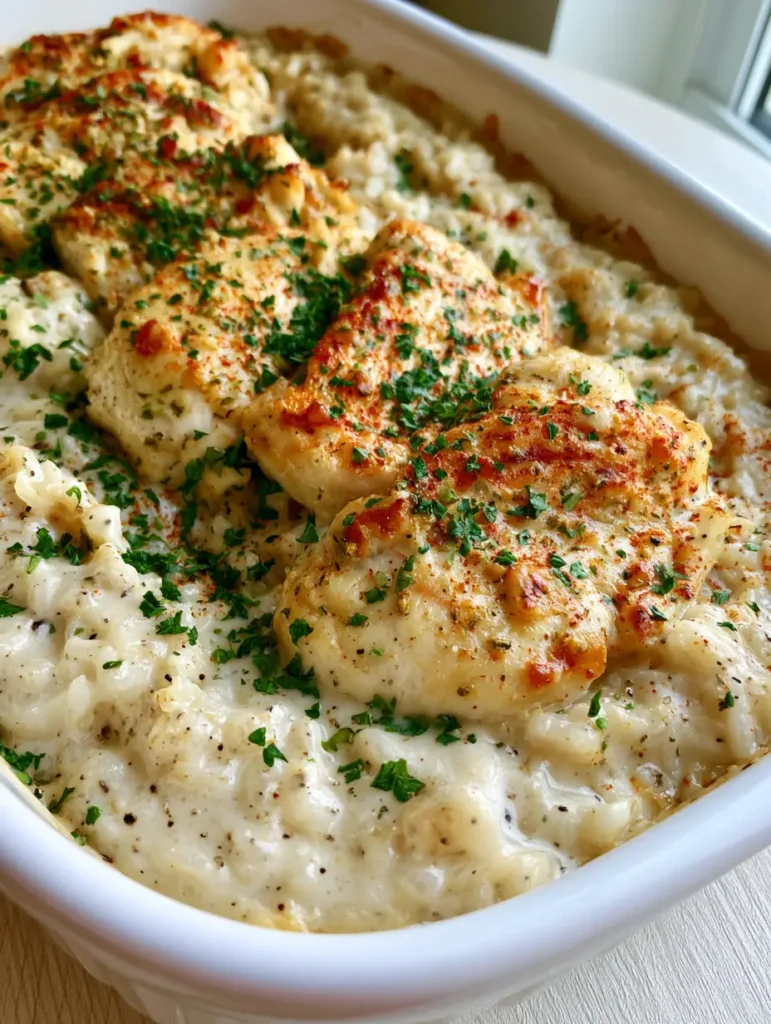Close-up of the moist white rice and opaque cream sauce with visible herbs and paprika garnish.