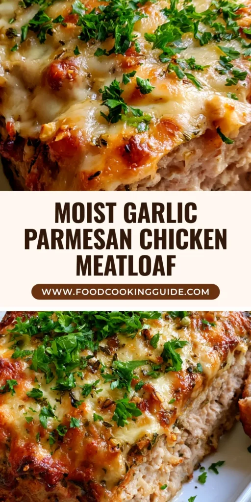 Garlic Parmesan Chicken Meatloaf with a Bubbly Garlic Herb Crust 4 A rectangular Garlic Parmesan Chicken Meatloaf with a thick, bubbly toasted cheese crust on a white platter.