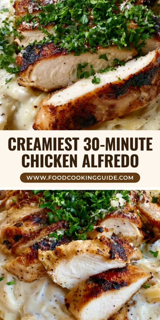 A close-up of a Chicken Alfredo Recipe featuring fettuccine in thick white sauce with charred chicken strips. (Chicken Alfredo Recipe)