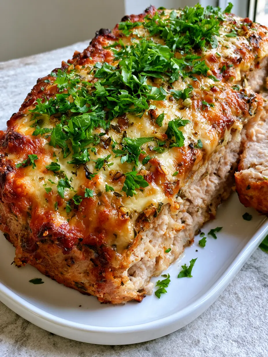Garlic Parmesan Chicken Meatloaf with a Bubbly Garlic Herb Crust 3 Sliced Garlic Parmesan Chicken Meatloaf showing the moist interior and golden-brown garlic herb crust.
