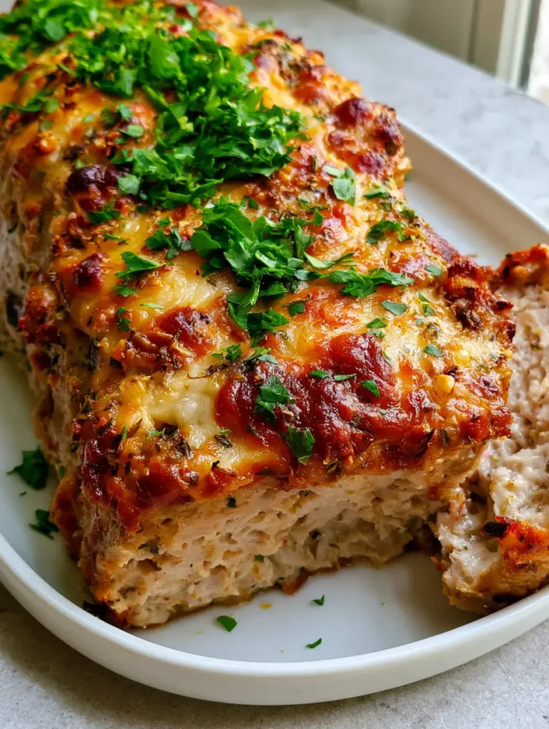 Garlic Parmesan Chicken Meatloaf with a Bubbly Garlic Herb Crust 1 Close-up of Garlic Parmesan Chicken Meatloaf topped with fresh parsley and melted cheese.