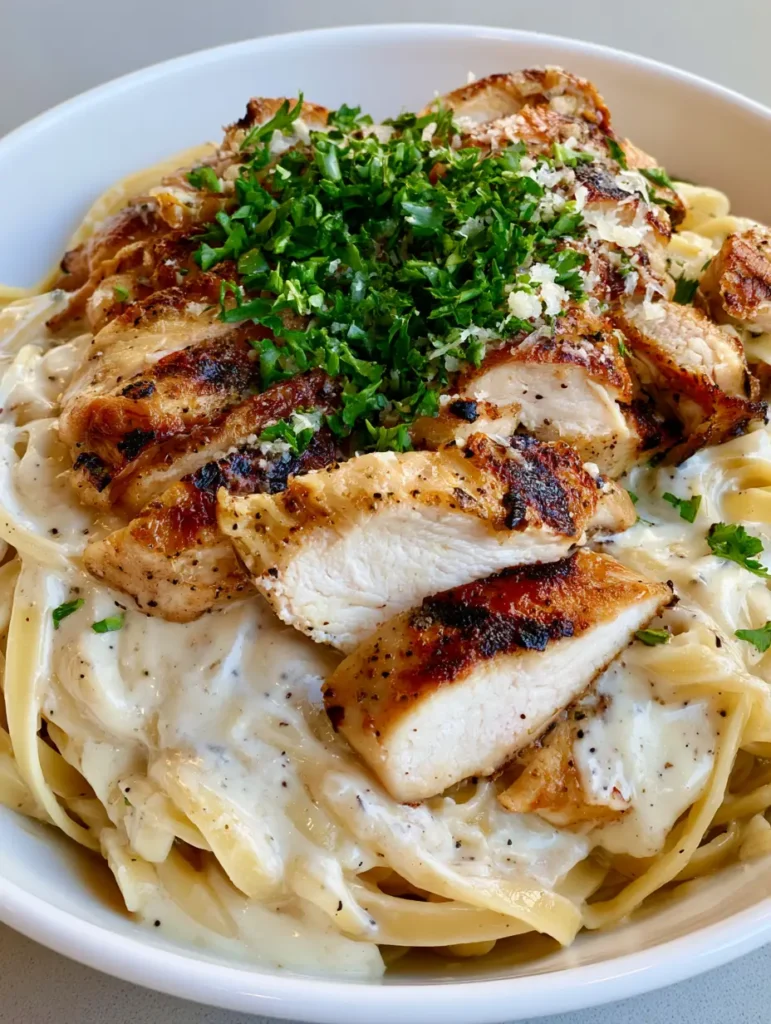 Handheld photo of Chicken Alfredo Recipe in a white bowl with visible black pepper specks and parsley garnish. (Chicken Alfredo Recipe)