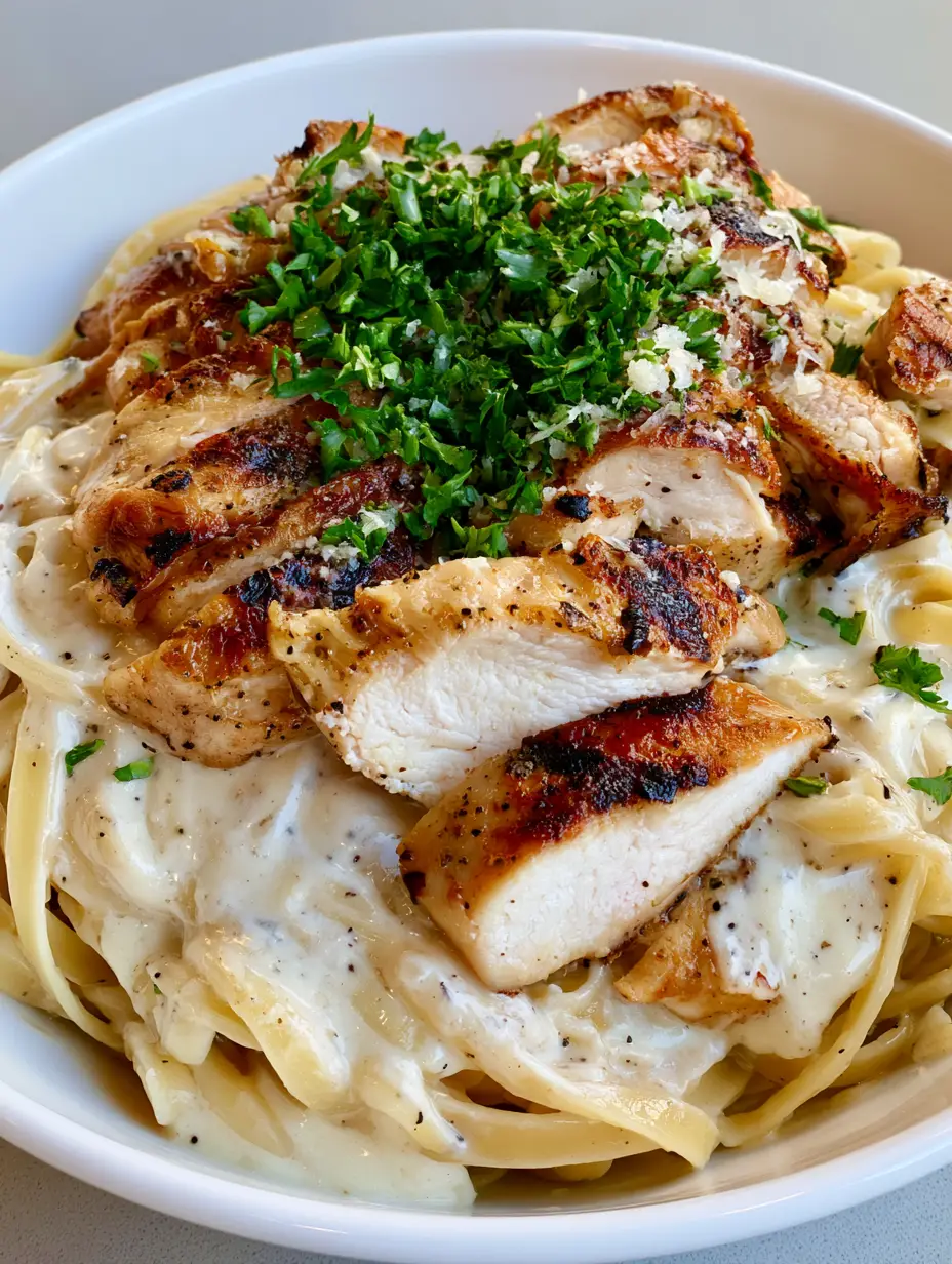 Handheld photo of Chicken Alfredo Recipe in a white bowl with visible black pepper specks and parsley garnish. (Chicken Alfredo Recipe)