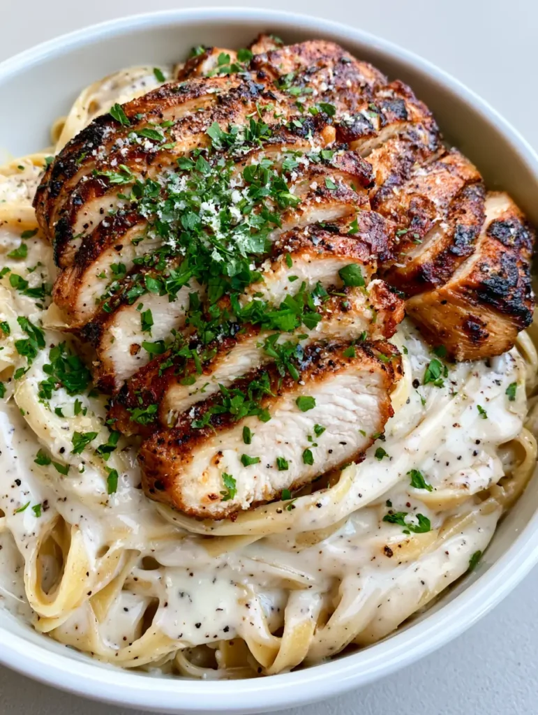 Top-down view of the Chicken Alfredo Recipe showing the golden-brown charred edges of sliced chicken breasts.