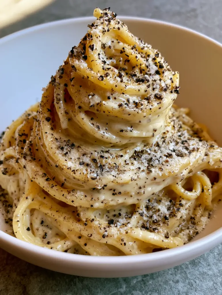 Handheld smartphone photo of a shallow white ceramic bowl containing a tall, swirled mound of Authentic Cacio e Pepe pasta.