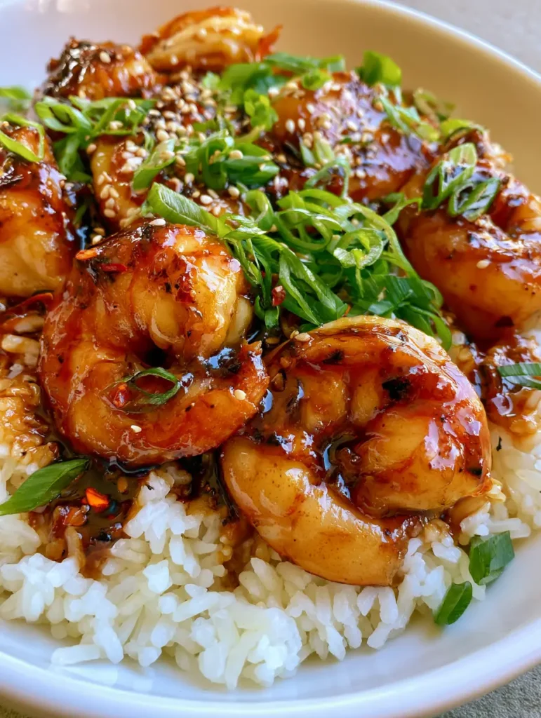 Honey Garlic Shrimp: The Ultimate 15-Minute Sticky Glazed Seafood Dinner 2 Close-up of succulent shrimp with a dark amber honey garlic glaze and bright green spring onions. (Honey Garlic Shrimp)