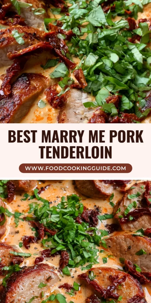 A rustic skillet filled with seared pork tenderloin medallions in a creamy sun-dried tomato sauce garnished with basil. (Marry Me Pork Tenderloin)