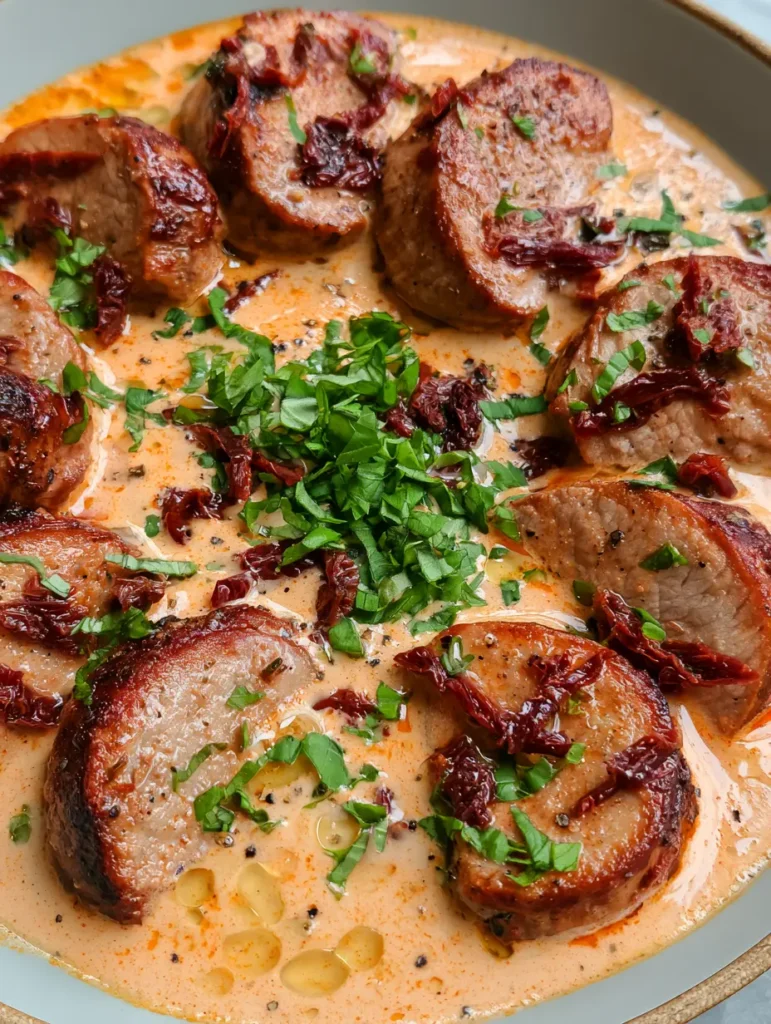 Handheld photo of pork medallions with a golden-brown crust in an orange-pink cream sauce. (Marry Me Pork Tenderloin)