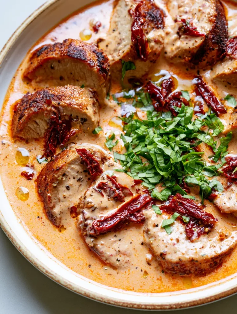 Close-up of thick velvety cream sauce with sun-dried tomatoes and basil. (Marry Me Pork Tenderloin)