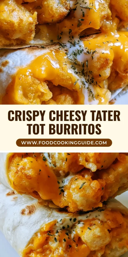Two cheesy potato burritos sliced in half and stacked on a white plate, showing the crispy tater tot and melted cheddar interior.