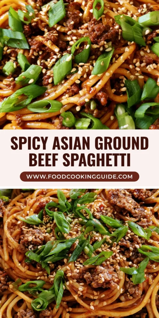 A top-down view of a white ceramic bowl containing Asian Ground Beef Spaghetti coated in a glossy dark sauce, topped with green onions and sesame seeds.