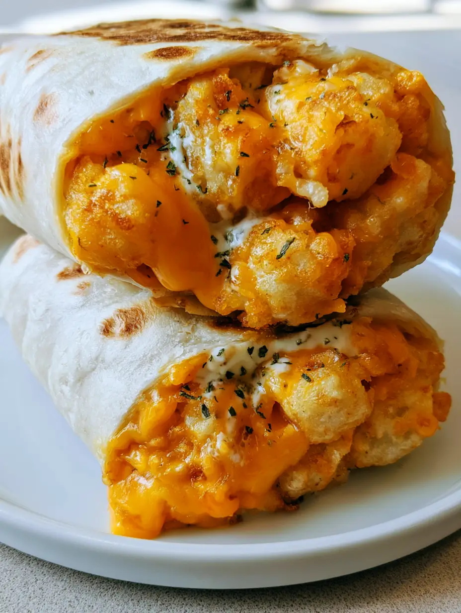 Close-up of a sliced Cheesy Potato Burrito revealing a dense filling of golden-brown tater tots and melted orange cheese.