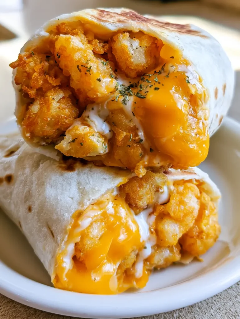 Stacked Cheesy Potato Burritos on a white ceramic plate showing the toasted tortilla spots.