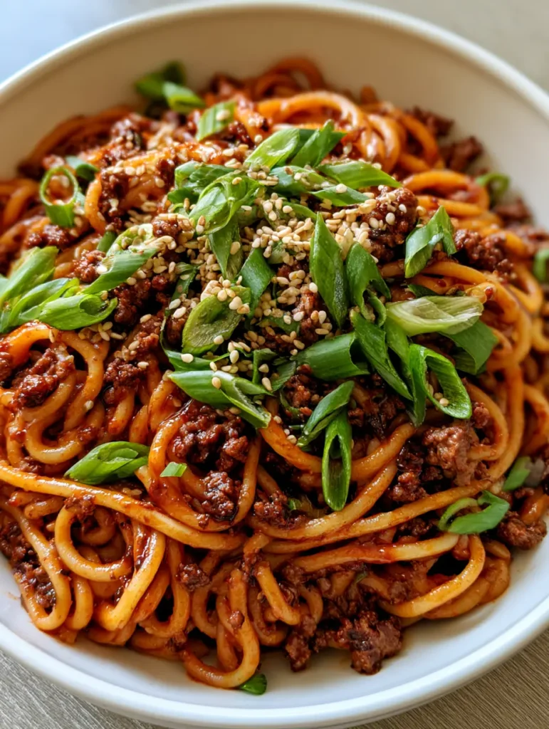 Asian Ground Beef Spaghetti in a white bowl garnished with diagonal cut green onions and toasted white sesame seeds.