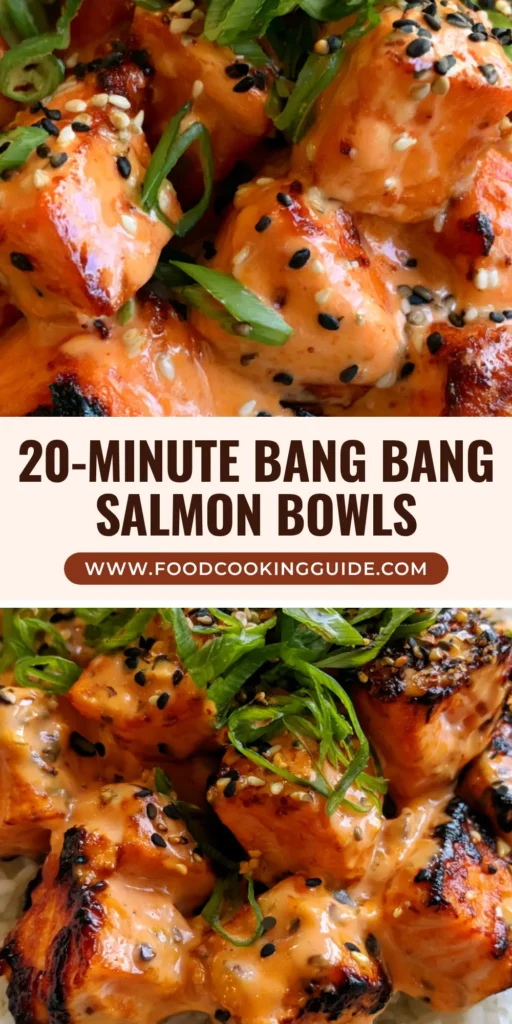 A close-up vertical shot of Bang Bang Salmon Rice Bowls with glistening orange sauce and green scallions.
