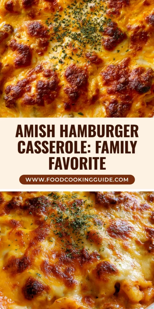 A top-down view of a rectangular white ceramic dish filled with Amish Hamburger Casserole, featuring bubbling cheddar cheese with golden patches and dried parsley garnish.