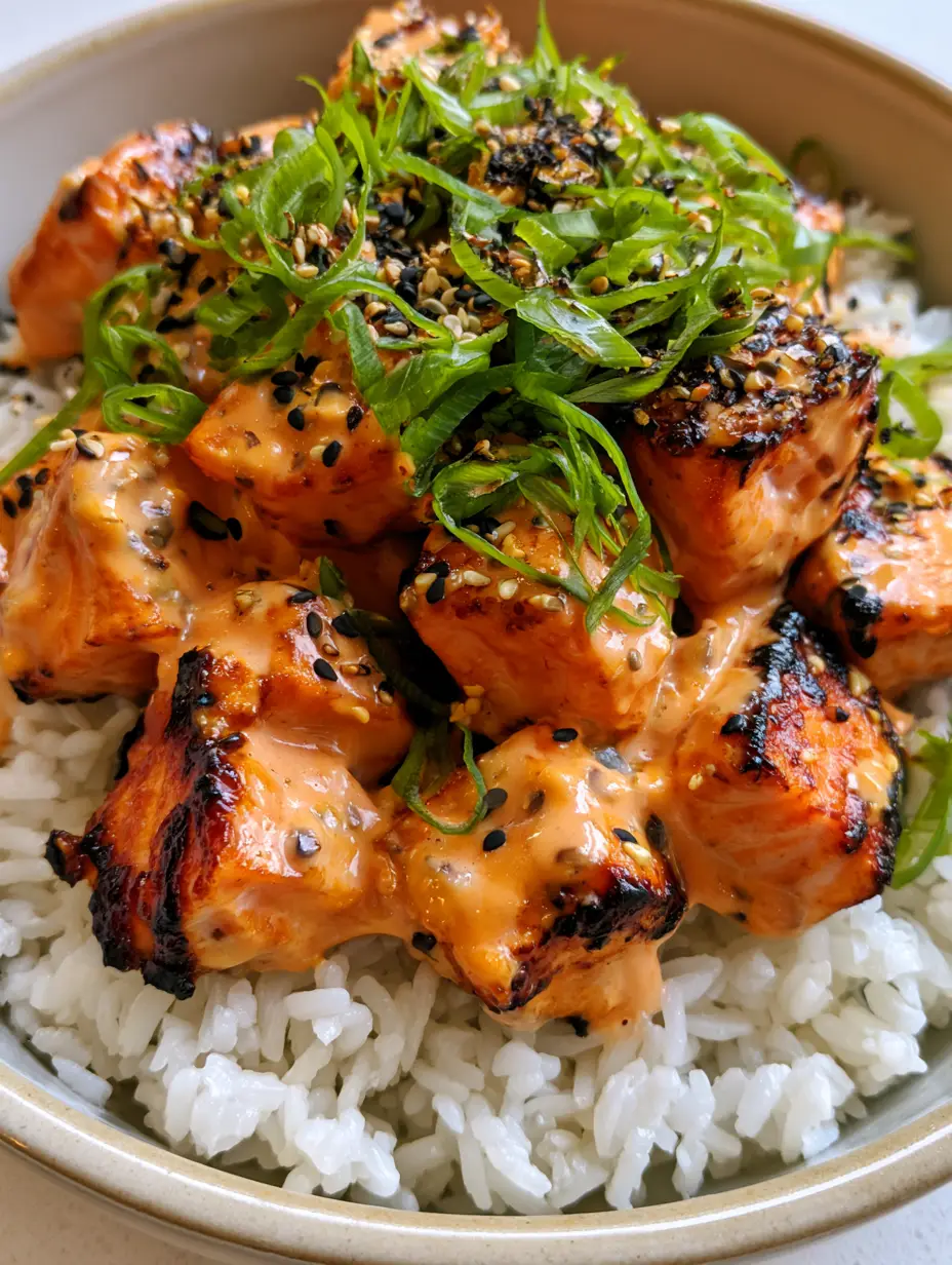 Smartphone photo of Bang Bang Salmon Rice Bowls featuring seared salmon cubes and jasmine rice.