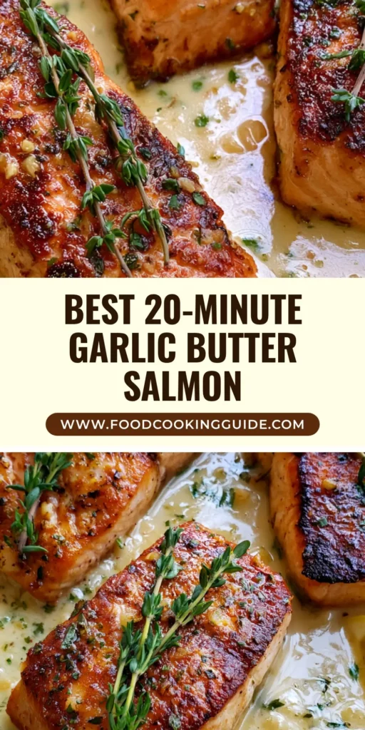 A close-up of three pan-seared Lemon Garlic Butter Salmon fillets in a cast iron skillet with thyme and lemon wedges.