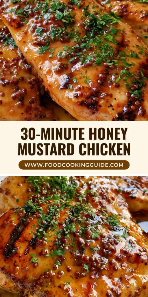 A top-down view of three golden-brown seared chicken breasts in a white dish, smothered in a glossy honey mustard glaze with visible mustard seeds and fresh parsley. (Honey Mustard Chicken)